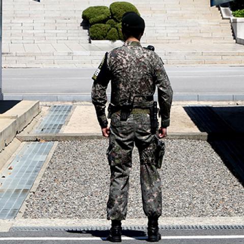 South Korean soldiers stand guard at the border village of Panmunjom between South and North Korea, April 11, 2018 (Chung Sung-Jun/Getty Images)