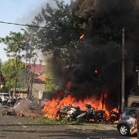 Bomb blast at Surabaya Pantekosta Center Church in Indonesia, May 13, 2018 (Surabaya Goverment Handout/Andy Pinaria/Getty Images)