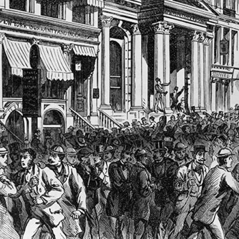 A panicked crowd in New York City after the closing of the stock exchange doors during the Panic of 1873 (Kean Collection/Archive Photos/Getty Images)