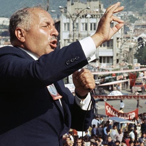 Necmettin Erbakan speaking in Turkey in 1980 (Ergun CAGATAY/Gamma-Rapho via Getty Images)