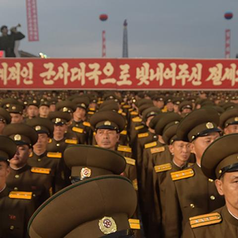 North Korean soldiers attend celebration in Pyongyang for scientists involved in North Korea's nuclear program, September 6, 2017 (KIM WON-JIN/AFP/Getty Images)