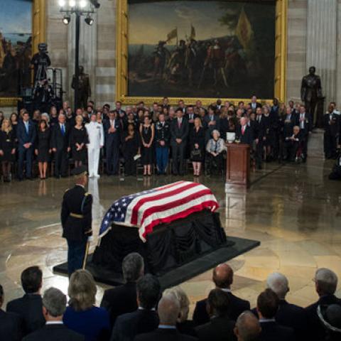 The casket containing the late Sen. John McCain lies in state in the Capitol rotunda on August 31, 2018. (Photo By Tom Williams/CQ Roll Call)