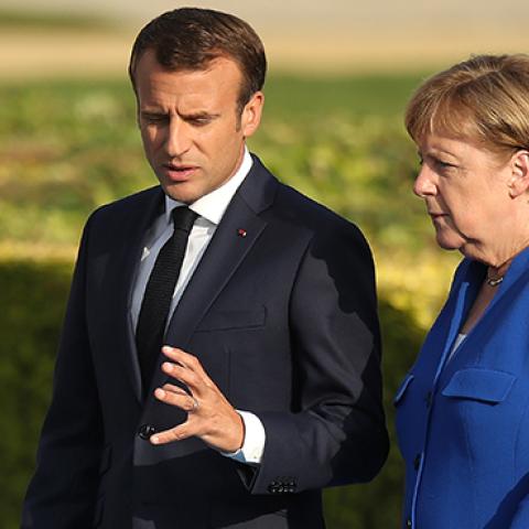 Emmanuel Macron and Angela Merkel during the 2018 NATO Summit, July 11, 2018 (Sean Gallup/Getty Images)