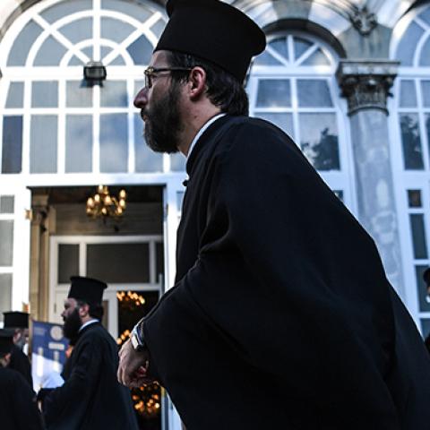 Orthodox officials are seen outside the Hagia Triada Greek Orthodox church on September 1, 2018 in Istanbul. (Photo credit should read OZAN KOSE/AFP/Getty Images)