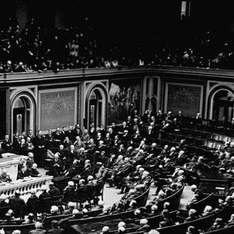 President Woodrow Wilson reads the armistice terms that ended World War I to Congress, Nov. 11, 1918. (Photo Credit: Corbis via Getty Images.)
