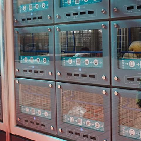 A man looks at a vending machine offering refrigerated fruits and vegetables for sale in Beijing, February 7, 2018. (Photo credit: AFP/Getty Images)