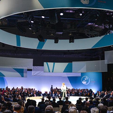 German Chancellor Angela Merkel delivers a speech at the opening session of the Paris Peace Forum, November 11, 2018, in Paris, France. (Photo by Artur Widak/NurPhoto via Getty Images)