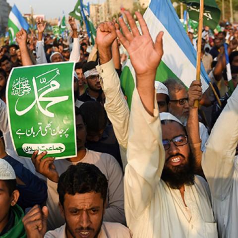 Pakistani supporters of Jamaat-e-Islami, a religious political party, chant slogans and gestures following the Supreme Court decision to acquit Christian woman Asia Bibi of blasphemy, in Karachi on November 4, 2018 (RIZWAN TABASSUM/AFP/Getty Images)