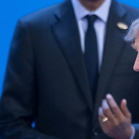 Donald Trump looks at Vladimir Putin at the meeting center of the G20 summit in Buenos Aires on November 30, 2018 (Photo by Ralf Hirschberger/picture alliance via Getty Images)