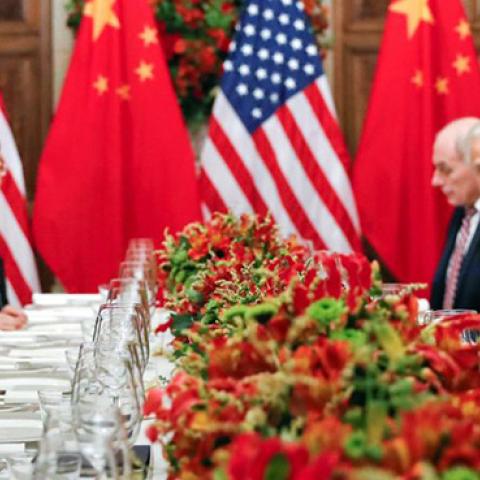 President Trump, pictured in trade talks on Dec. 1 in Buenos Aires with Chinese President Xi Jinping (far left), this week dangled the possibility that an arrested Huawei executive could become a bargaining chip. PHOTO: KEVIN LAMARQUE/REUTERS