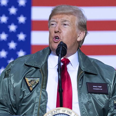 President Donald Trump speaks to members of the US military during an unannounced trip to Al Asad Air Base in Iraq, December 26, 2018. (SAUL LOEB/AFP/Getty Images)