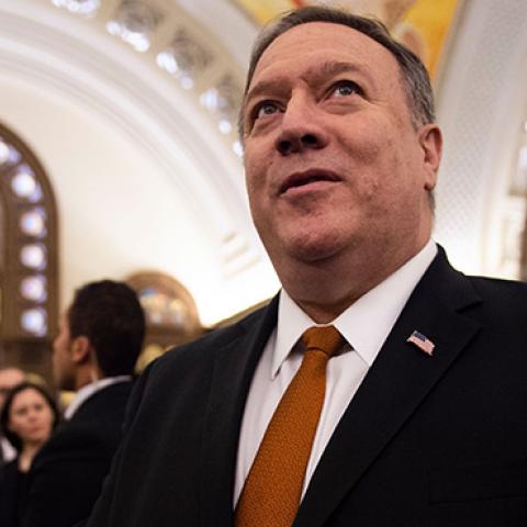 U.S. Secretary of State Mike Pompeo speaks to the press in the newly inaugurated Cathedral of the Nativity Christ, in Egypt's New Administrative Capital, on January 10, 2019. (ANDREW CABALLERO-REYNOLDS/AFP/Getty Images)