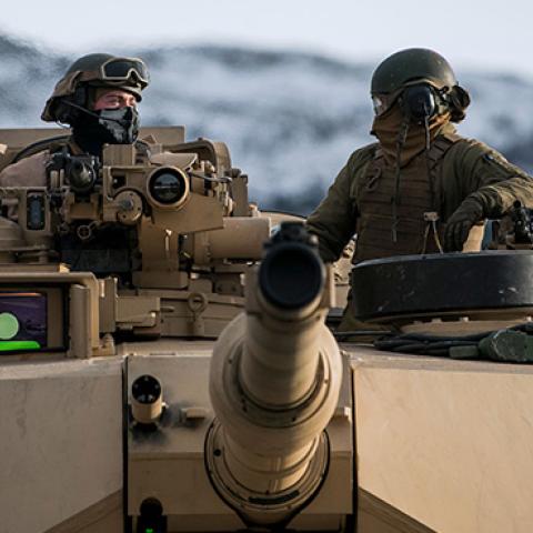 U.S. Marines drive an M1 Abrams to take part in an exercise to capture an airfield as part of the Trident Juncture 2018, a NATO-led military exercise, on November 1, 2018 near the town of Oppdal, Norway. (JONATHAN NACKSTRAND/AFP/Getty Images)