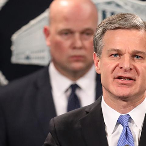 Federal Bureau of Investigation Director Christopher Wray announces new criminal charges against Chinese telecommunications giant Huawei at the Department of Justice on January 28, 2019 in Washington, DC. 