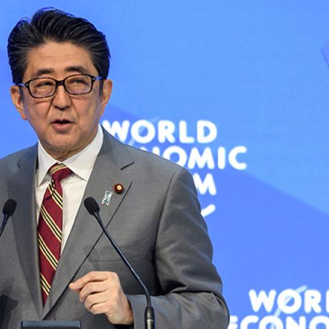 Japanese Prime Minister Shinzo Abe delivers a speech during the World Economic Forum (WEF) annual meeting, on January 23, 2019 in Davos, Switzerland. (FABRICE COFFRINI/AFP/Getty Images)