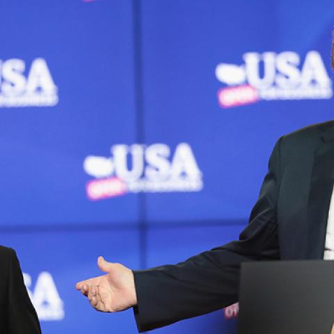  President Donald Trump and Masayoshi Son, founder and chief executive officer of SoftBank, participate in a groundbreaking ceremony for the $10 billion Foxconn factory complex on June 28, 2018 in Mt. Pleasant, Wisconsin. (Scott Olson/Getty Images)