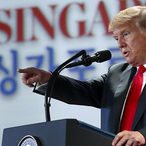 U.S. President Donald Trump speaks during a press conference after the meeting with North Korea's leader Kim Jong Un at the Capella Hotel on June 12, 2018 in Singapore. (Liu Zhen/China News Service/VCG via Getty Images)