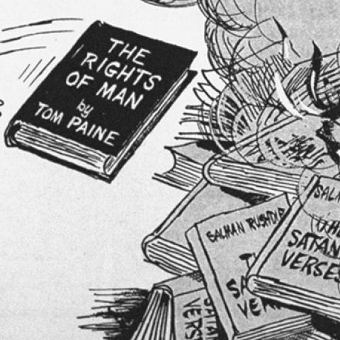 Cartoon published in the British newspaper the INDEPENDENT in which the Ayatollah Khomeini is throwing a copy of THE RIGHTS OF MAN by Tom Paine onto a bonfire stoked with copies of THE SATANIC VERSES by Salman Rushdie. (Terry Smith/The LIFE Images Collect