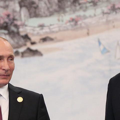 Russian President Vladimir Putin with Chinese President Xi Jinping during a welcoming ceremony prior to the dinner on September 4, 2017 in Xiamen, China. (Mikhail Svetlov/Getty Images)