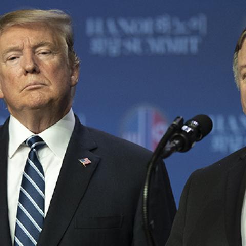 U.S. secretary of state, Mike Pompeo, speaks at a news conference while U.S. President Donald Trump looks on following his second summit meeting with North Korean leader Kim Jong-un on February 28, 2019 in Hanoi, Vietnam. (Tuan Mark/Getty Images)