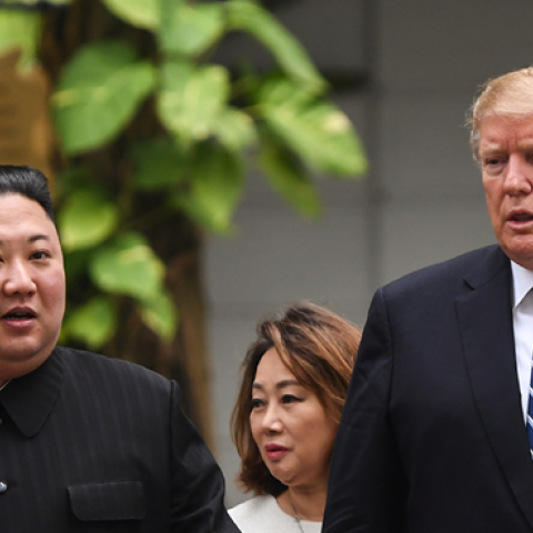 US President Donald Trump (R) walks with North Korea's leader Kim Jong Un during a break in talks at the second US-North Korea summit in Hanoi on February 28, 2019. (SAUL LOEB/AFP/Getty Images)