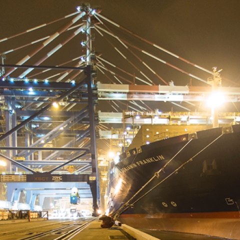Benjamin Franklin container ship being loaded at the Xiamen Songyu Container Terminal at night in Xiamen, China, on Saturday, Jan. 30, 2016.(Qilai Shen/Getty Images)
