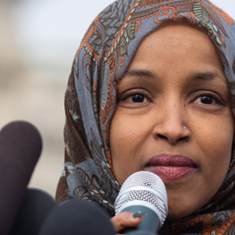 US Rep. Ilhan Omar, Democrat of Minnesota, speaks during a press conference calling on Congress to cut funding for US Immigration and Customs Enforcement (ICE) and to defund border detention facilities, outside the US Capitol (SAUL LOEB/AFP/Getty Images)