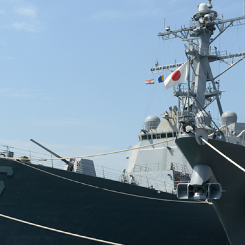US and Japanese (R) Navy ships are pictured docked at a harbour during the inauguration of joint naval exercises with India in Chennai on July 10, 2017. (ARUN SANKAR/AFP/Getty Images)