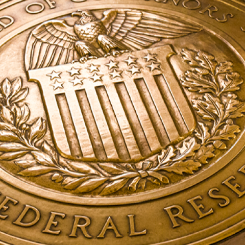A gold plated seal outside inside the Eccles Building, the place of the Board of Governors of the Federal Reserve System and of the Federal Open Market Committee, May 19, 2016 in Washington, DC. (Brooks Kraft/ Getty Images)