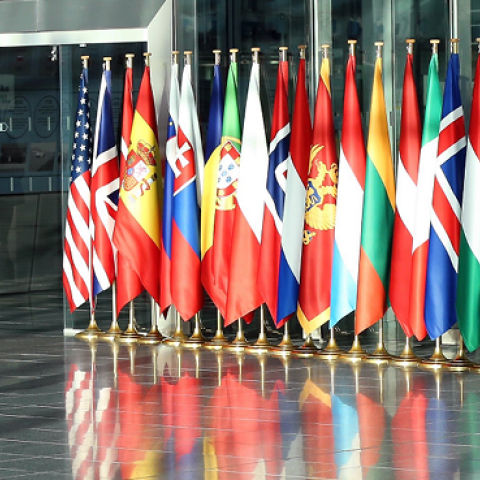 Flags of NATO member states are seen ahead of the NATO Foreign Ministers meeting at NATO Headquarters in Brussels, Belgium on December 04, 2018. (Dursun Aydemir/Anadolu Agency/Getty Images)