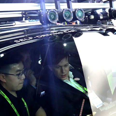 Cameras are visible on the exterior of an Nvidia self-driving car inside the Nvidia booth during CES 2019 at the Las Vegas Convention Center on January 8, 2019 in Las Vegas, Nevada. (Justin Sullivan/Getty Images)