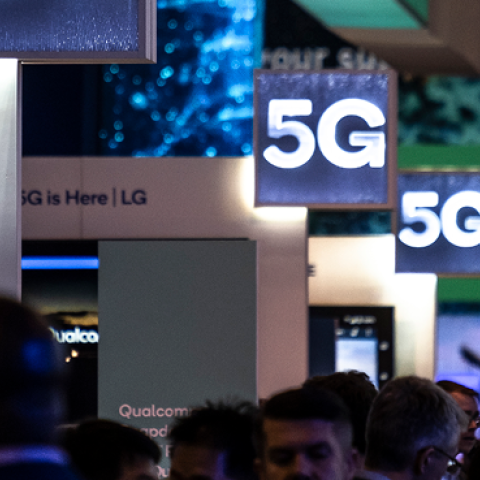  Three logos with the 5G are seen during the MWC2019. (SOPA Images via Getty Images)