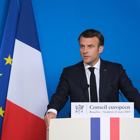 French President Emmanuel Macron speaks to the media at the conclusion of a two-day EU summit on March 22, 2019 in Brussels, Belgium. (Sean Gallup/Getty Images)