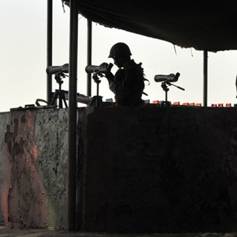 Indian army soldiers take position near the Line of Control on October 10, 2016 in Nowshera sector, about 145 km from Jammu, India. (Hindustan Times via Getty Images)