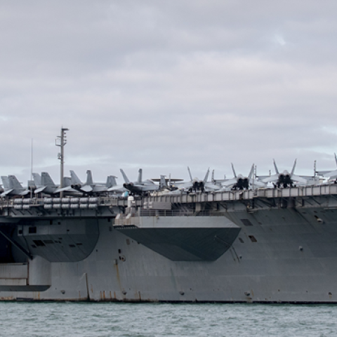  The US warship USS Harry S. Truman is pictured anchored in The Solent on October 8, 2018 near Portsmouth, England. (Matt Cardy/Getty Images)