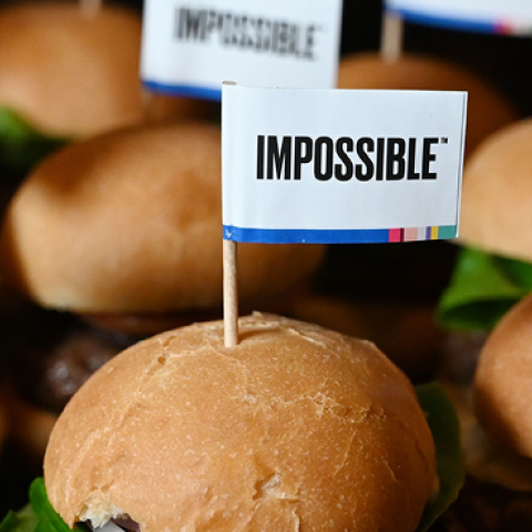 The Impossible Burger 2.0, the new version of the company's plant-based vegan burger that tastes like real beef is introduced at a press event during CES 2019 in Las Vegas on January 7, 2019. (ROBYN BECK/Getty Images)