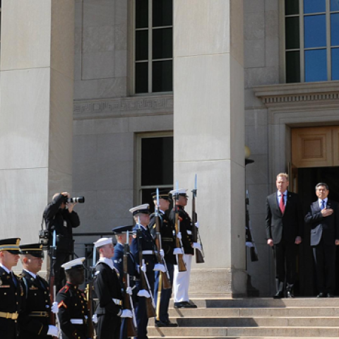 US Acting Defense Secretary Patrick Shanahan and South Korean Defense Minister Jeong Kyeong-doo attend a welcome ceremony at the Pentagon on April 1, 2019 in Washington, DC. (Getty Images)