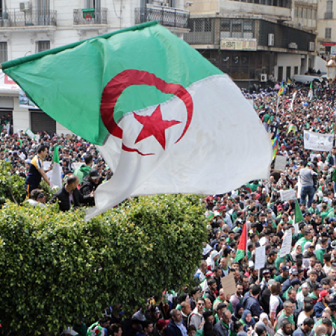 An Algerian protester waves a flag during an anti-government demonstration to demand an overhaul of the political system after long-serving president Abdelaziz Bouteflika resigned. (picture alliance/Getty Images)