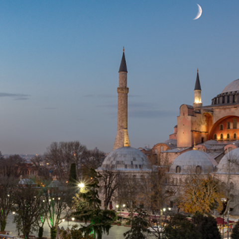 The Hagia Sophia and Haseki Hurrem Turkish Bath Complex at night, Istanbul, Turkey. (Getty Images)