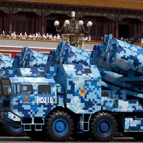 Military vehicles carry DF-10 ship launched cruise missiles, drive past the Tiananmen Gate on September 3, 2015 in Beijing, China. (Andy Wong - Pool /Getty Images)