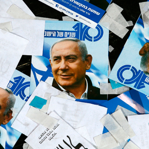 On April 10, 2019 Israeli Likud Party campaign material and posters of Prime Minister Benjamin Netanyahu strewn on the floor following election night at the party headquarters in the coastal city of Tel Aviv. (JACK GUEZ/Getty Images)