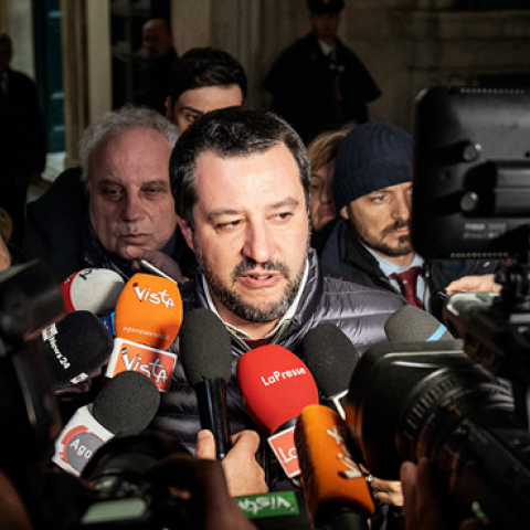 Italy's Deputy Prime Minister and Interior Minister, Matteo Salvini, speaks to members of the press outside Palazzo Chigi in Rome, Italy on February 14, 2019. (NurPhoto/Getty Images)