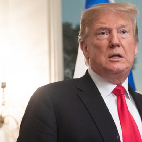 US President Donald Trump speaks alongside US Secretary of State Mike Pompeo prior to signing a Proclamation on the Golan Heights in DC, March 25, 2019. (SAUL LOEB/Getty Images)