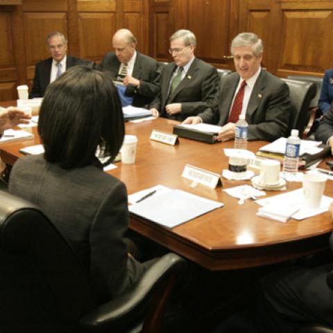 President George W. Bush meets with his National Security team in the White House Situation Room, Friday, March 10, 2006, on the latest developments in Iraq. (Eric Draper)
