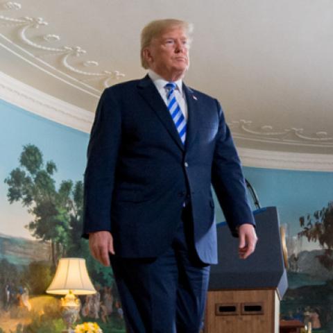 US President Donald Trump leaves after announcing his decision about the nuclear deal with Iran during a speech from the Diplomatic Reception Room at the White House in Washington, DC, May 8, 2018. (SAUL LOEB/Getty Images)