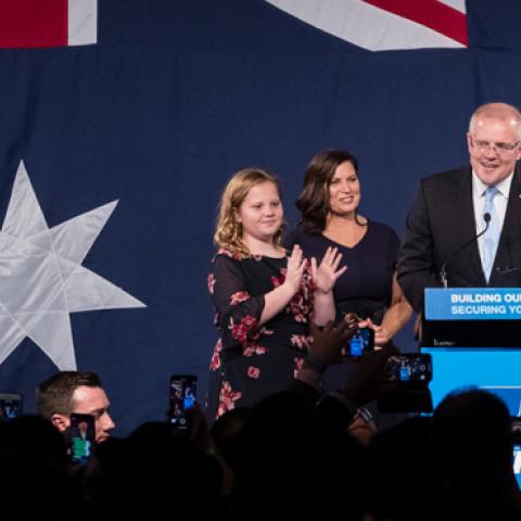 Newly elected Prime Minister of Australia Scott Morrison speaks at the Liberal Party reception at the Sofitel Wentworth Hotel on May 18, 2019 in Sydney, Australia. (Brook Mitchell/Getty Images)