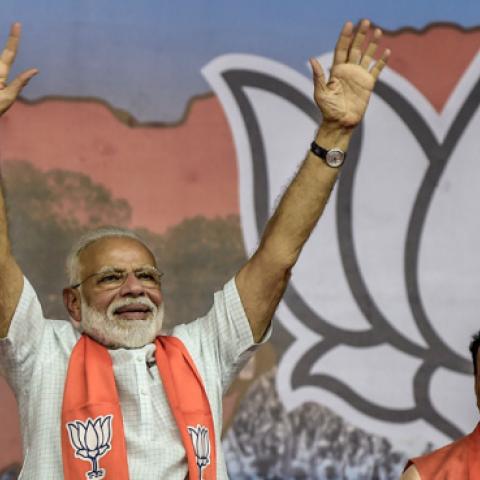  Narendra Modi waves to the supporters from the public rally May 26, 2019 in Ahmedabad, India. (Atul Loke/Getty Images)