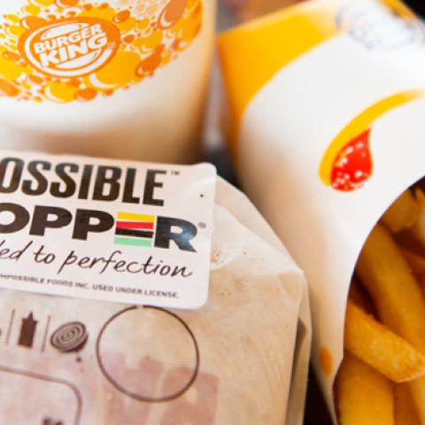 In this photo illustration, an 'Impossible Whopper' sits on a table at a Burger King restaurant on April 1, 2019 in Richmond Heights, Missouri. (Getty Images)