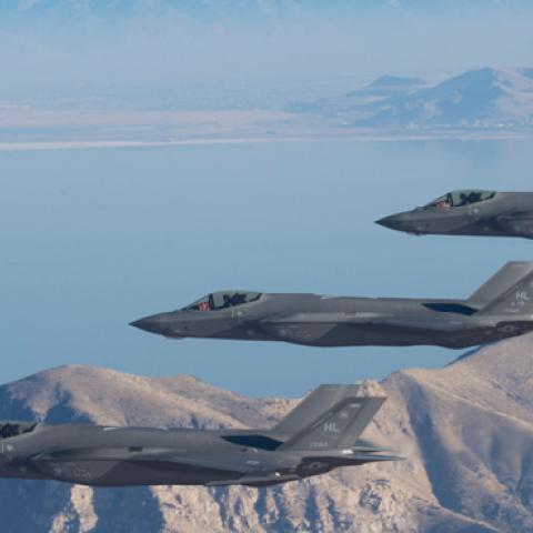 F-35 Lightning IIs from the 388th Fighter Wing and 419th FW stationed at Hill Air Force Base, Utah, perform aerial maneuvers during as part of a combat power exercise over Utah Test and Training Range, Nov. 19, 2018. ((U.S. Air Force photo by Staff Sgt. C