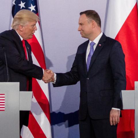 Polish President Andrzej Duda and US President Donald Trump shake hands after a joint press conference at the Royal Castle in Warsaw, Poland, July 6, 2017. (WOJTEK RADWANSKI/Getty Images)